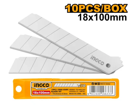 10pcs-set-18mm-x-100mm-snap-off-blades-hknsb112-ingco 10Pcs Set 18mm x 100mm Snap-Off Blades (HKNSB112) – Universal Fit Standard Cutting Segments Packed in Rigid Plastic Box | INGCO