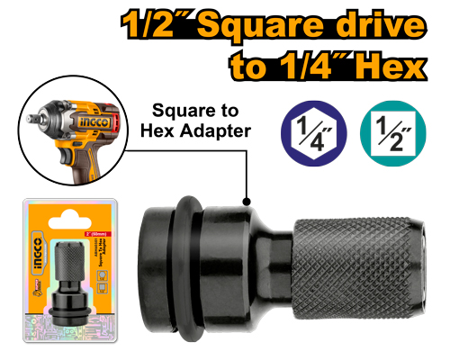 12 Square to 14 Hex Impact Adapter (ABH60501) – 50mm Length Transforms Impact Wrench into High-Torque Hex Bit Driver INGCO 12 Square to 14 Hex Impact Adapter (ABH60501) – 50mm Length Transforms Impact Wrench into High-Torque Hex Bit Driver INGCO