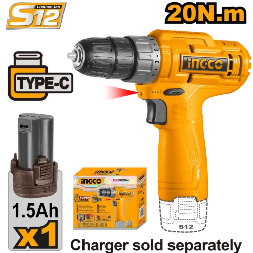 12V Compact Cordless Drill & Screwdriver (CDLI12456) – 20Nm High-Control Torque USB Type-C Direct Charging 1.5Ah Battery 15+1 Position Adjustable Clutch with Integrated LED Work Light | INGCO