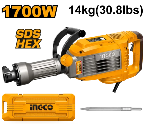 14Kg Professional Concrete Road Breaker 1700W (PDB170068) – 50 Joules Ultra-High Impact Energy Complete with Industrial Hex Chisel | INGCO