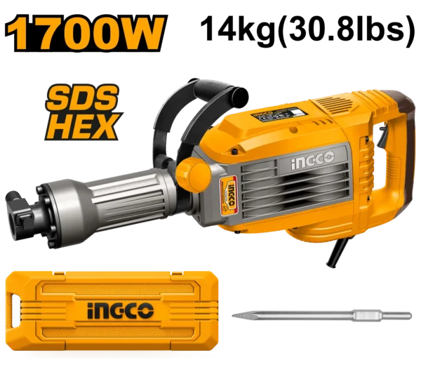 14Kg Professional Concrete Road Breaker 1700W (PDB170068) – 50 Joules Ultra-High Impact Energy Complete with Industrial Hex Chisel | INGCO