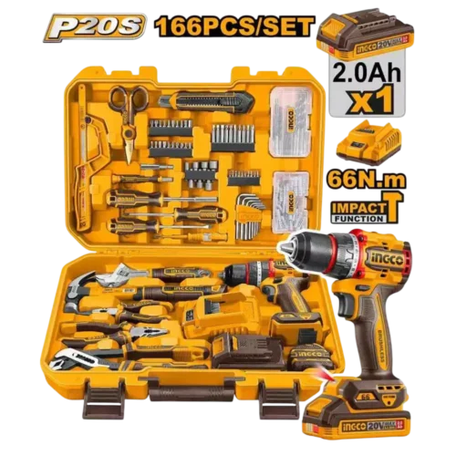 166 Pcs Professional Tools Set (HKTHP41662) – 20V Cordless Impact Drill Kit with 14pcs WoodMetalMasonry Drill Bits & 40pcs Driver Bits Complete Workspace Box INGCO 166 Pcs Professional Tools Set (HKTHP41662) – 20V Cordless Impact Drill Kit with 14pcs Wood Metal Masonry Drill Bits & 40pcs Driver Bits Complete Workspace Box INGCO