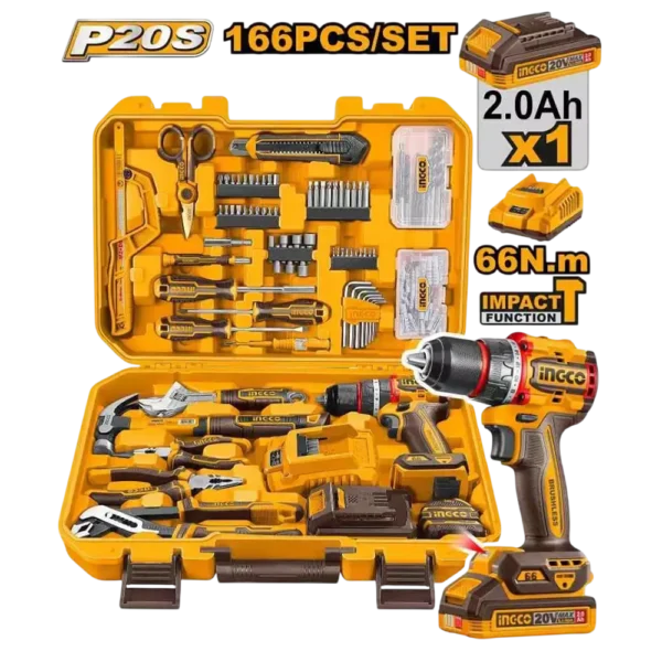 166 Pcs Professional Tools Set (HKTHP41662) – 20V Cordless Impact Drill Kit with Wood Metal Masonry Drill Bits & Driver Bits Complete Workspace Box | INGCO