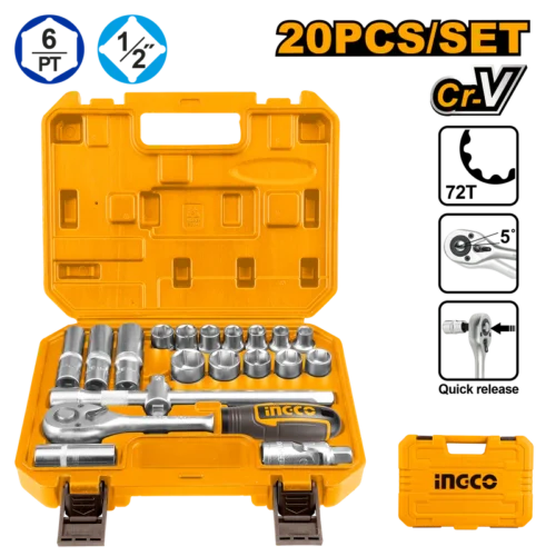 20 Pcs 12 Socket Set (HKTS12201) – 72T Professional Ratchet Handle Premium 50BV30 Cr-V Steel with Metric Sockets 10-24mm & Deep Sockets INGCO 20 Pcs 12 Socket Set (HKTS12201) – 72T Professional Ratchet Handle Premium 50BV30 Cr-V Steel with Metric Sockets 10-24mm & Deep Sockets INGCO