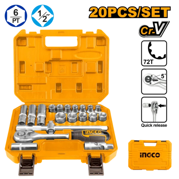 20 Pcs 1/2" Socket Set (HKTS12201) – 72T Professional Ratchet Handle Premium Cr-V Steel Metric Sockets 10-24mm & Deep Sockets | INGCO