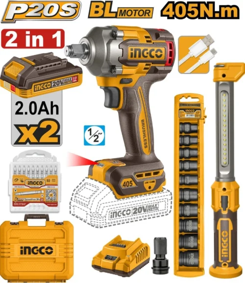 405Nm Impact Wrench Kit Variable Speed 2400RPM Includes 2x 2.0Ah Batteries, 20-Piece Accessory Set & LED Work Light 20V Brushless Motor – INGCO 405Nm Impact Wrench Kit Variable Speed 2400RPM Includes 2x 2.0Ah Batteries, 20-Piece Accessory Set & LED Work Light 20V Brushless Motor – INGCO