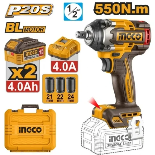 550 nm Brushless Impact Wrench 12 (CIWLI2055) – 700Nm Nut-Busting Torque 3-Speed Control with 2pcs 4.0Ah Battery Pack & 3 Sockets INGCO 550 nm Brushless Impact Wrench 12 (CIWLI2055) – 700Nm Nut-Busting Torque 3-Speed Control with 2pcs 4.0Ah Battery Pack & 3 Sockets INGCO