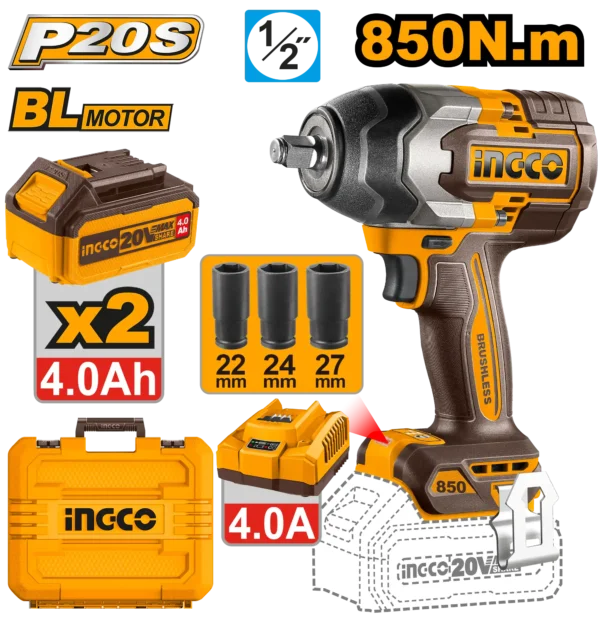 850Nm Cordless Impact Wrench (CIWLI2085) – 20V Brushless Motor | INGCO