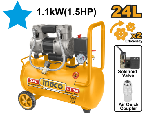ACS111242 Air Compressor 24L (ACS111242) – 1.5HP Oil-Free & Silent INGCO ACS111242 Air Compressor 24L (ACS111242) – 1.5HP Oil-Free & Silent INGCO