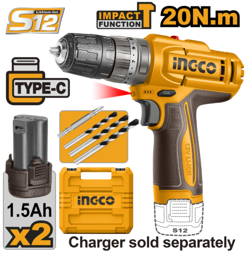 Compact 12V Impact Drill Set (CIDLI12206) – 18+1+1 Torque Settings & 10mm Chuck Includes 2 Batteries, 3 Masonry Bits, 1 Cr-V Bit & Carrying Case INGCO Compact 12V Impact Drill Set (CIDLI12206) – 18+1+1 Torque Settings & 10mm Chuck Includes 2 Batteries, 3 Masonry Bits, 1 Cr-V Bit & Carrying Case INGCO