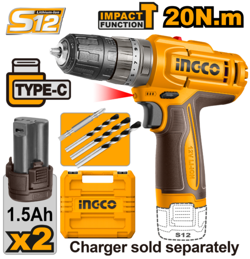 Compact 12V Impact Drill Set (CIDLI12206) – 18+1+1 Torque Settings & 10mm Chuck Includes 2 Batteries, 3 Masonry Bits, 1 Cr-V Bit & Carrying Case INGCO