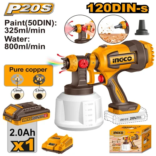 High Performance Cordless Spray Gun 20V (CSGLI20042) – 800mlmin Max Flow Rate & 120DIN-s Viscosity Includes Cleaning Needle & Copper Nozzle Spares INGCO High Performance Cordless Spray Gun 20V (CSGLI20042) – 800mlmin Max Flow Rate & 120DIN-s Viscosity Includes Cleaning Needle & Copper Nozzle Spares INGCO