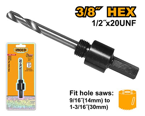 Hole Saw Arbor W Pilot Drill Bit (HSA01) – 38 Hex Shank Fits Hole Saws 14mm to 30mm INGCO Hole Saw Arbor W Pilot Drill Bit (HSA01) – 38 Hex Shank Fits Hole Saws 14mm to 30mm INGCO