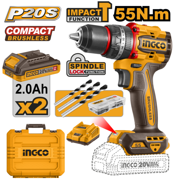 Industrial Brushless Cordless Impact Drill 20V (CIDLI20558) – 55Nm Heavy-Duty Torque 13mm All-Metal Chuck with 2x 2.0Ah Batteries & 50-Pcs Accessories 22+1+1 Torque Clutch with Automatic Spind Industrial Brushless Cordless Impact Drill 20V (CIDLI20558) – 55Nm Heavy-Duty Torque 13mm All-Metal Chuck with 2x 2.0Ah Batteries & 50-Pcs Accessories 22+1+1 Torque Clutch with Automatic Spind
