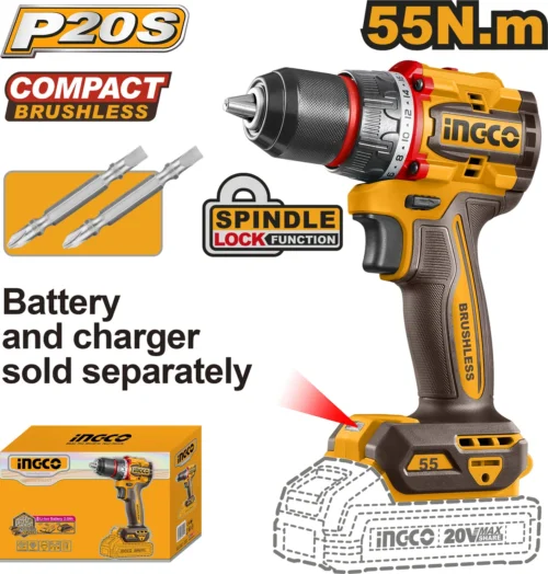 Industrial Brushless Cordless Impact Drill 20V (CIDLI205581) – 55Nm Bare Tool 13mm All-Metal Chuck with 3-Pcs Masonry Bits Battery & Charger Sold Separately – 22+1+1 Position Clutch 0-20 Industrial Brushless Cordless Impact Drill 20V (CIDLI205581) – 55Nm Bare Tool 13mm All-Metal Chuck with 3-Pcs Masonry Bits Battery & Charger Sold Separately – 22+1+1 Position Clutch 0-20