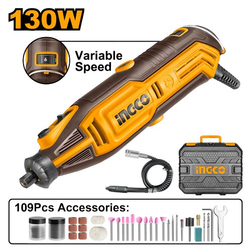 Industrial Variable Speed Mini Grinder Kit 130W (MG13328) – With Flexible Drive Shaft & 109-Pcs Accessory Array 3.2mm & 2.3mm Collets INGCO Industrial Variable Speed Mini Grinder Kit 130W (MG13328) – With Flexible Drive Shaft & 109-Pcs Accessory Array 3.2mm & 2.3mm Collets INGCO
