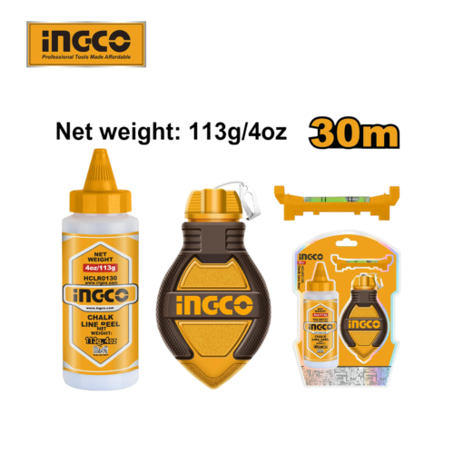 Masonry & Tiling Chalk Line Marker 30m (HCLR0130) – Shockproof Rubberized Shell Complete 3-Piece Set with Marking Powder & Mini Level INGCO Masonry & Tiling Chalk Line Marker 30m (HCLR0130) – Shockproof Rubberized Shell Complete 3-Piece Set with Marking Powder & Mini Level INGCO