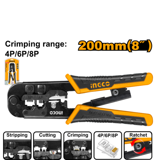 Modular Plug Crimper 8 (HMPCN2468R) – Labor-Saving Ratchet Design 3-in-1 Network & Telephone Tool for 4P, 6P, 8P Connectors INGCO Modular Plug Crimper 8 (HMPCN2468R) – Labor-Saving Ratchet Design 3-in-1 Network & Telephone Tool for 4P, 6P, 8P Connectors INGCO