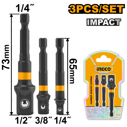 Power Drill Impact Socket Adapters 3pcs Set (AMN365A01) – 14 Inch Hex Shank to 14 38 12 Square Drives Industrial 50BV30 Material INGCO Power Drill Impact Socket Adapters 3pcs Set (AMN365A01) – 14 Inch Hex Shank to 14 38 12 Square Drives Industrial 50BV30 Material INGCO
