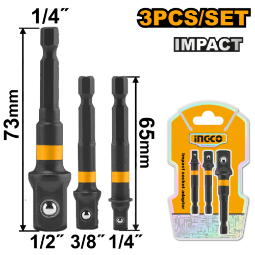Power Drill Impact Socket Adapters 3pcs Set (AMN365A01) – 14 Inch Hex Shank to 14 38 12 Square Drives Industrial 50BV30 Material INGCO Power Drill Impact Socket Adapters 3pcs Set (AMN365A01) – 14 Inch Hex Shank to 14 38 12 Square Drives Industrial 50BV30 Material INGCO