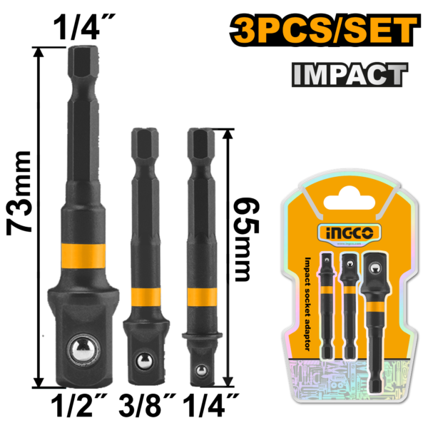 Power Drill Impact Socket Adapters 3pcs Set (AMN365A01) – 14 Inch Hex Shank to 14 38 12 Square Drives Industrial 50BV30 Material INGCO Power Drill Impact Socket Adapters 3pcs Set (AMN365A01) – 14 Inch Hex Shank to 14 38 12 Square Drives Industrial 50BV30 Material INGCO
