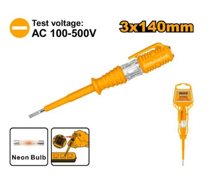 Professional AC voltage Tester Pen 100-500V (HSDT1408) – 3x140mm Slotted Insulated Tip Neon Bulb Live Phase Line Detector INGCO