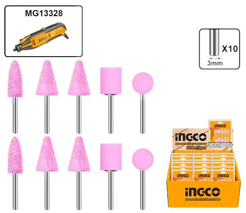 Rotary Tool Grinding Accessories 10-Piece Set (AKB1012) – 3mm Universal Shank Bullet, Cone, T-Type & Round Mounted Stone Assortment INGCO Rotary Tool Grinding Accessories 10-Piece Set (AKB1012) – 3mm Universal Shank Bullet, Cone, T-Type & Round Mounted Stone Assortment INGCO