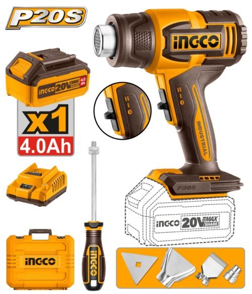 Wireless Portable Hot Air Gun Kit 20V Max (HGLI20065) – Multi-Purpose Car Vinyl Wrap, Heat Shrink Tubing & Paint Stripping Power Tool INGCO Wireless Portable Hot Air Gun Kit 20V Max (HGLI20065) – Multi-Purpose Car Vinyl Wrap, Heat Shrink Tubing & Paint Stripping Power Tool INGCO