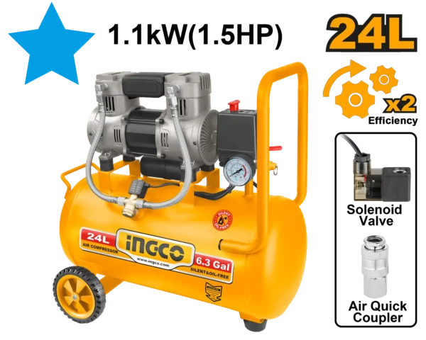 Air Compressor 24L (ACS111242) – 1.5HP Oil-Free & Silent | INGCO