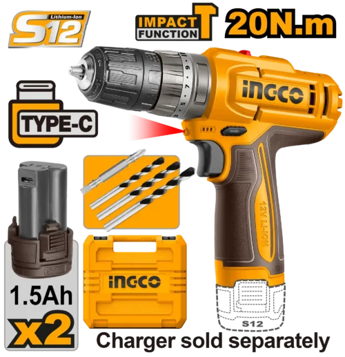 Compact 12V Impact Drill Set (CIDLI12206) – 18+1+1 Torque Settings & 10mm Chuck Cordless Kit with Batteries & Masonry Bits | INGCO