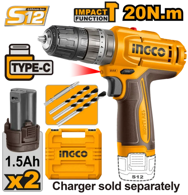 Compact 12V Impact Drill Set (CIDLI12206) – 18+1+1 Torque Settings & 10mm Chuck Cordless Kit with Batteries & Masonry Bits | INGCO