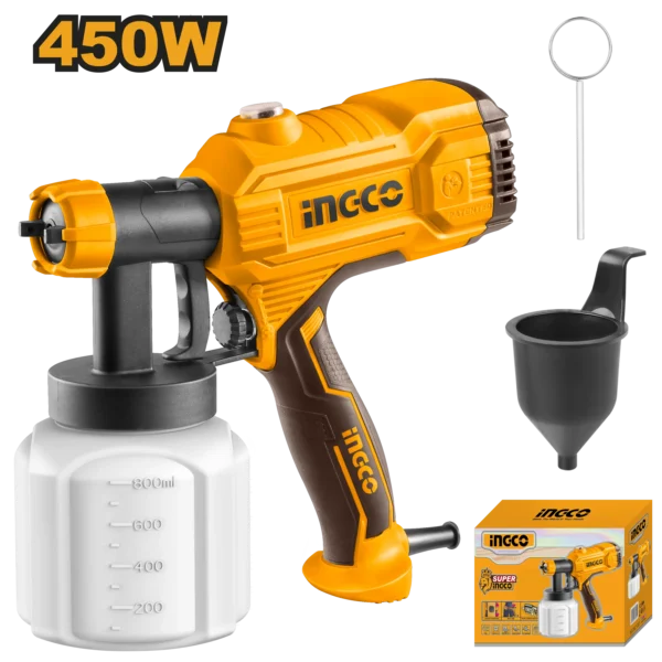 Electric Paint Spray Gun 450W (SPG3508) – 800ml Large Tank Includes Nozzle Cleaning Needle & Viscosity Measuring Cup | INGCO