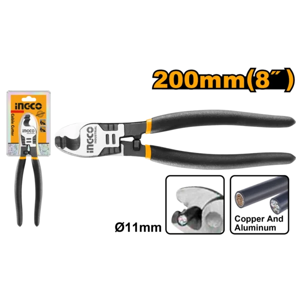 Heavy Duty Cable Cutter 8" 200mm (HCCB0208) – 55# Hardened Carbon Steel Jaws Non-Slip Shear for Copper & Aluminum Cables | INGCO