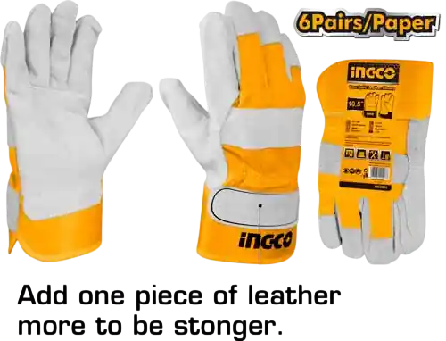 Heavy Duty Leather Work Gloves 10.5-Inch (HGVC01) – Premium Cow Split Leather Palm with Protective Half Lining | INGCO