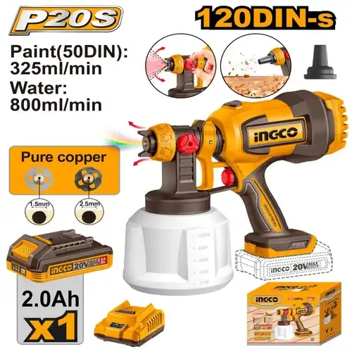 High Performance Cordless Spray Gun 20V (CSGLI20042) – 800ml/min Max Flow Rate & 120DIN-s Viscosity Includes Copper Nozzle | INGCO