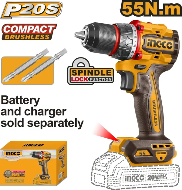 Industrial Brushless Cordless Impact Drill 20V (CIDLI205581) – 55Nm Bare Tool 13mm All-Metal Chuck with 3-Pcs Masonry Bits Battery & Charger Sold Separately 22+1+1 Position Clutch | INGCO