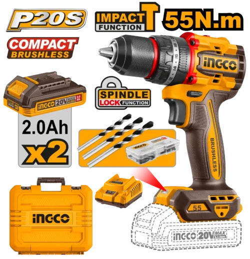 Industrial Brushless Cordless Impact Drill 20V (CIDLI20558) – 55Nm Heavy-Duty Torque 13mm All-Metal Chuck with 2x 2.0Ah Batteries & 50-Pcs Accessories 22+1+1 Torque Clutch | INGCO