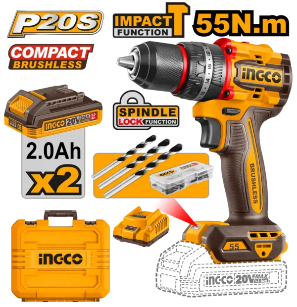 industrial-brushless-cordless-impact-drill-20v-kit-cidli20558-ingco Industrial Brushless Cordless Impact Drill 20V (CIDLI20558) – 55Nm Heavy-Duty Torque 13mm All-Metal Chuck with 2x 2.0Ah Batteries & 50-Pcs Accessories 22+1+1 Torque Clutch | INGCO