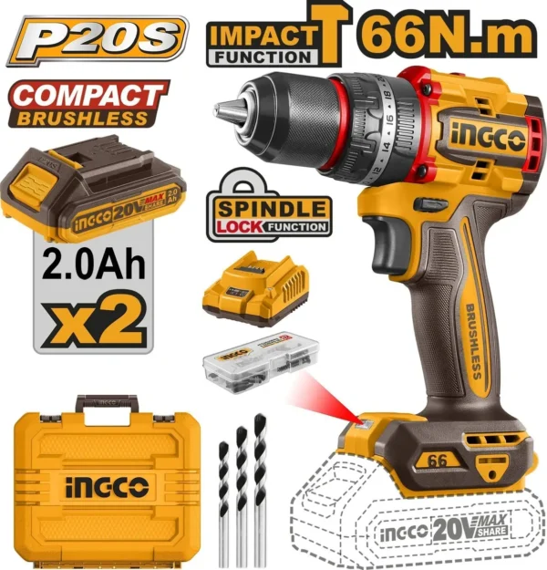 Industrial High-Torque Brushless Impact Drill 20V (CIDLI20668) – 66Nm Max Torque 13mm Heavy-Duty Metal Chuck with 2x 2.0Ah Batteries & 50-Pcs Accessories 22+1+1 Position Clutch | INGCO