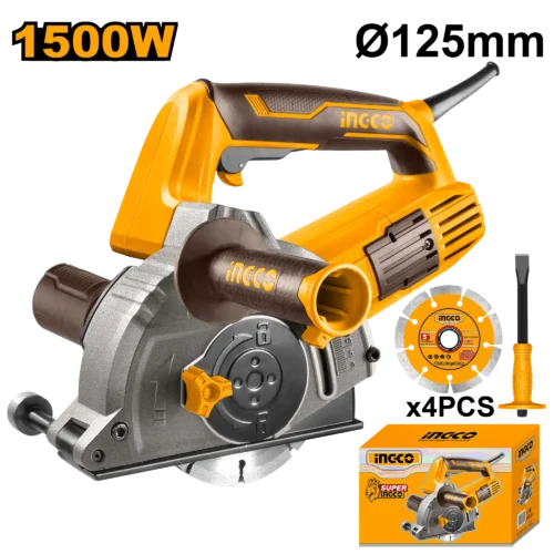 Industrial Twin-Blade Wall Chaser 1500W (WLC15008) – 125mm Disc Size Fully Adjustable 29mm Depth & 30mm Width Concrete Grooving Machine Anti-Vibration Auxiliary Handle with 4-Pcs Diamond Cutting Discs | INGCO