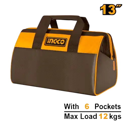 Industrial Wide-Mouth Tool Bag 13-Inch (HTBG281328) – 12kg Maximum Load Heavy-Duty Fabric Storage Case with Outer Compartments | INGCO