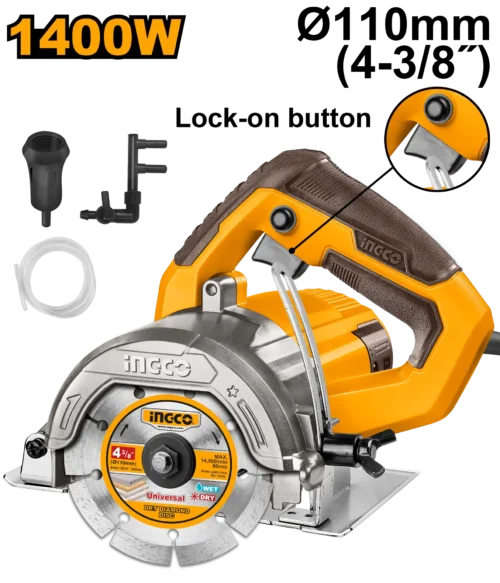 Marble Cutter 1400W (MC140068) – 110mm Blade Size 34mm Max Cutting Depth with 1-Pcs Dry Diamond Disc Included | INGCO
