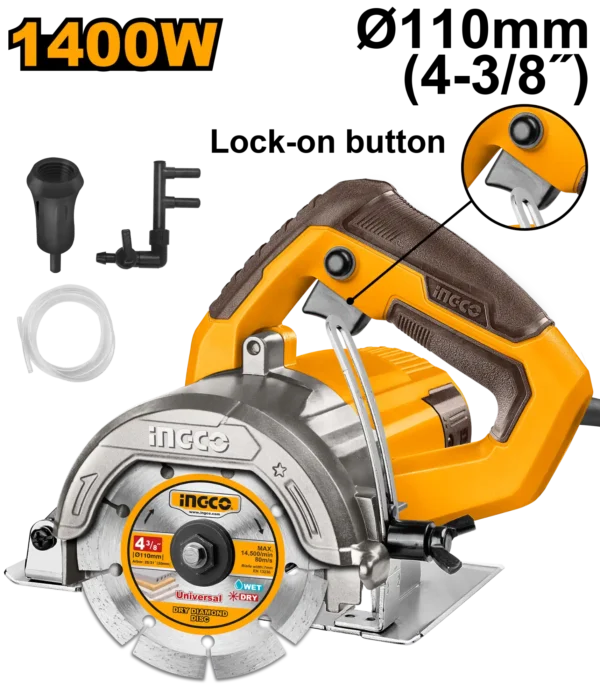 Marble Cutter 1400W (MC140068) – 110mm Blade Size 34mm Max Cutting Depth with 1-Pcs Dry Diamond Disc Included | INGCO