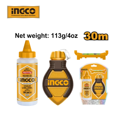 Masonry & Tiling Chalk Line Marker 30m (HCLR0130) – Shockproof Rubberized Shell 3-Piece Set with Marking Powder & Mini Level | INGCO