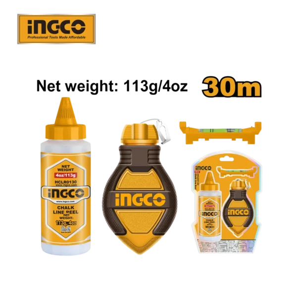 Masonry & Tiling Chalk Line Marker 30m (HCLR0130) – Shockproof Rubberized Shell 3-Piece Set with Marking Powder & Mini Level | INGCO
