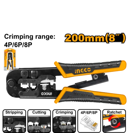 Modular Plug Crimper 8" (HMPCN2468R) – Labor-Saving Ratchet Design 3-in-1 Network & Telephone Tool for 4P 6P 8P Connectors | INGCO