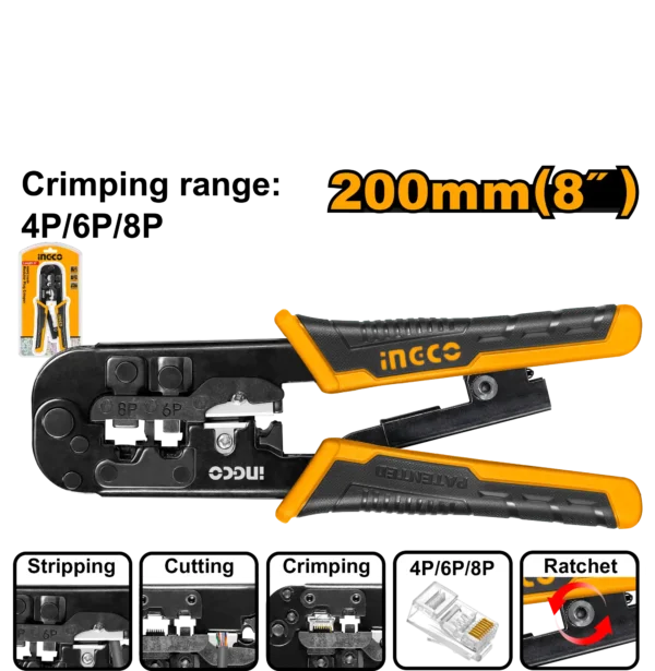 Modular Plug Crimper 8" (HMPCN2468R) – Labor-Saving Ratchet Design 3-in-1 Network & Telephone Tool for 4P 6P 8P Connectors | INGCO