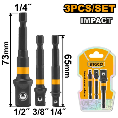 Power Drill Impact Socket Adapters 3pcs Set (AMN365A01) – 1/4" Hex Shank to 1/4" 3/8" 1/2" Square Drives Industrial Material | INGCO