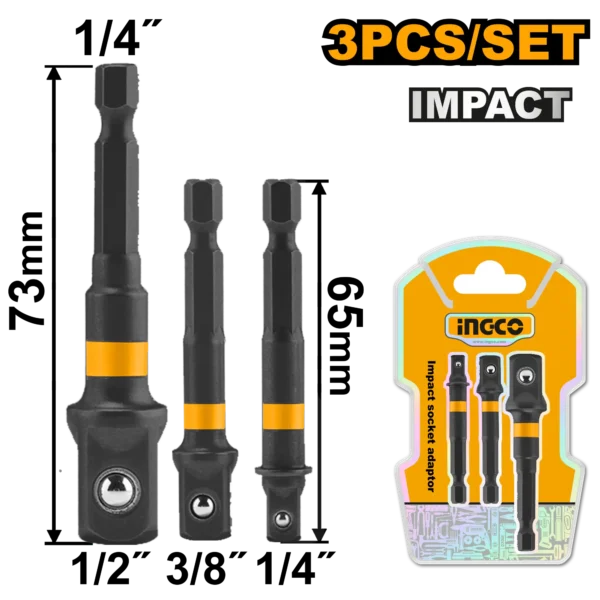 Power Drill Impact Socket Adapters 3pcs Set (AMN365A01) – 1/4" Hex Shank to 1/4" 3/8" 1/2" Square Drives Industrial Material | INGCO