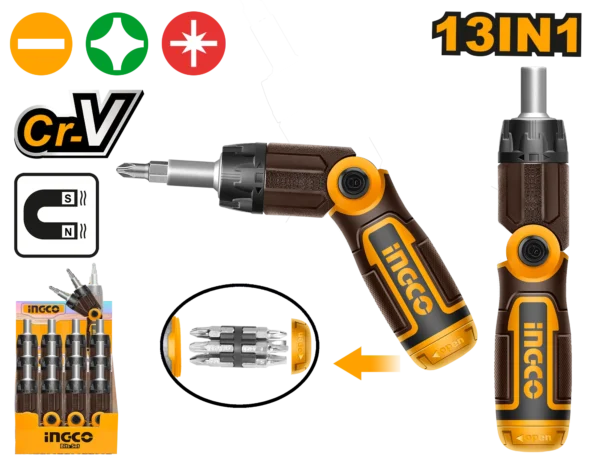 Ratchet Screwdriver Set 13-in-1 (AKISD1208) – Unique Folding Handle Multi-Bit Driver Tool | INGCO